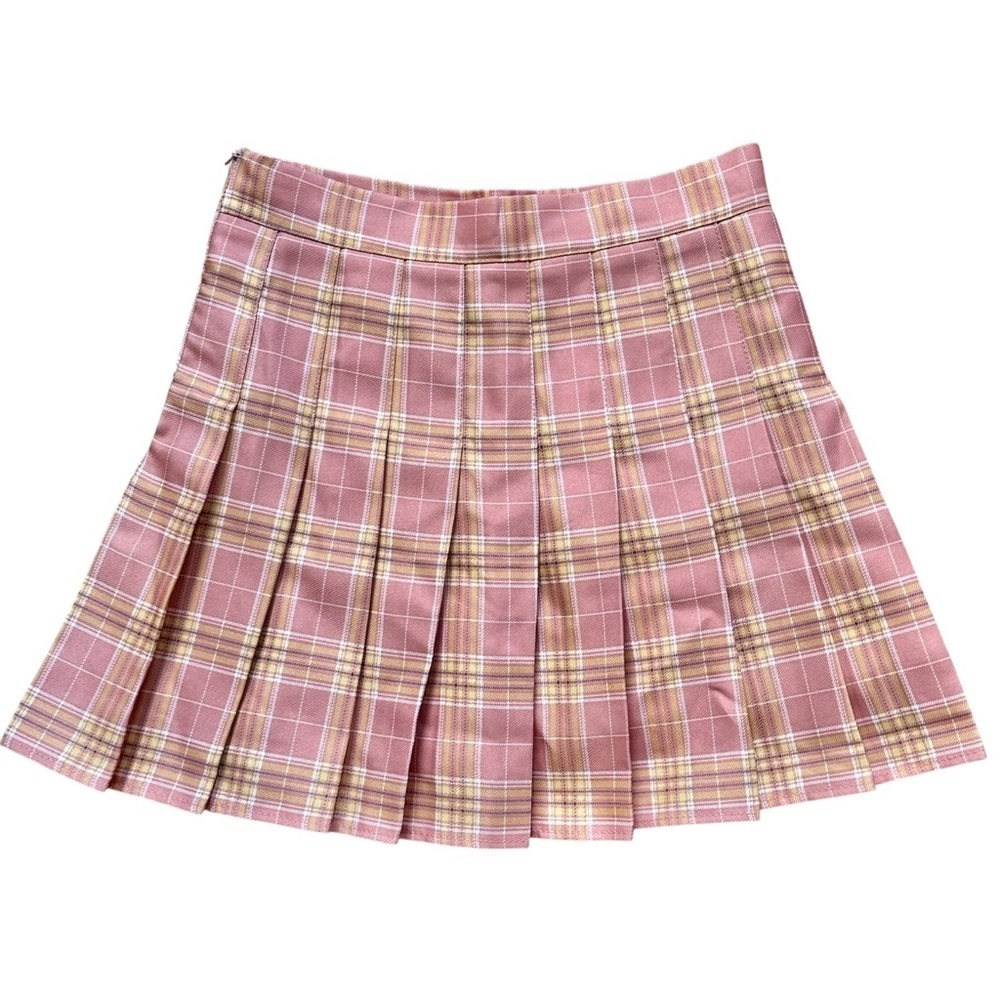 Plaid Pink Yellow Pleated Skirt Built In Shorts Skort Retro Schoolgirl Academia - Picture 5 of 11